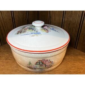 Vintage Pantry Bak-In Ware Crooksville Cross Stitch House Casserole Bowl & Lid